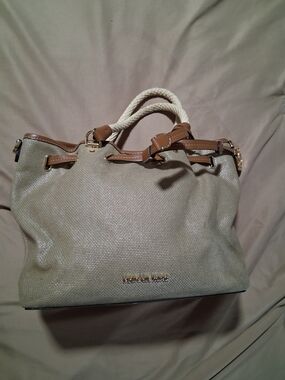 Michael Kors Cream Canvas MK Tote Bag Tan Brown Leather Trim Gold Hardware Purse